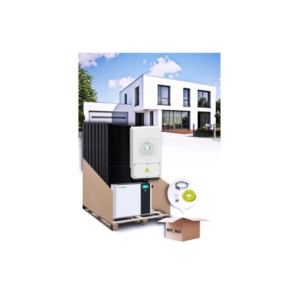 Zelfverbruikskit met 8 Deye 3,6 kVA inverterpanelen en een Delong Top 5,12 kWh lithiumbatterij.